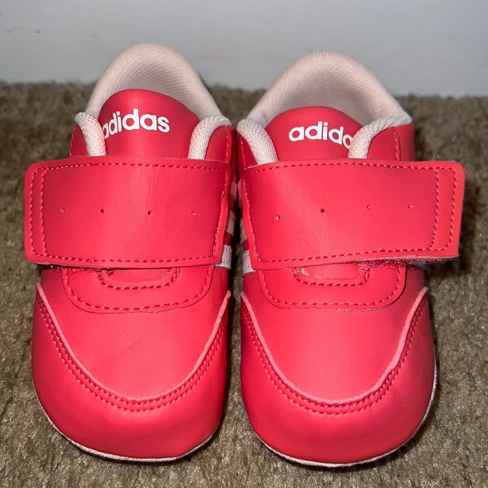 Adidas soft bottom sneakers. Hot pink w/lighter pink & white stripes.  Size 3.